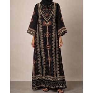Vintage Black Embroidered Renaissance Maxi Dress Bell Sleeve Gold Burgundy EUC